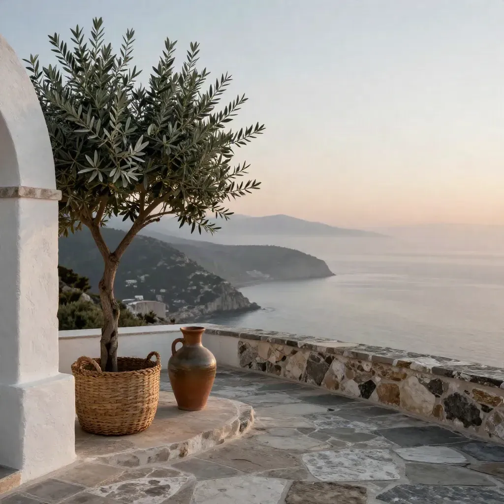 Terrazza in pietra sulla costa ionica all’alba, con ulivo, arco bianco e mare in foschia