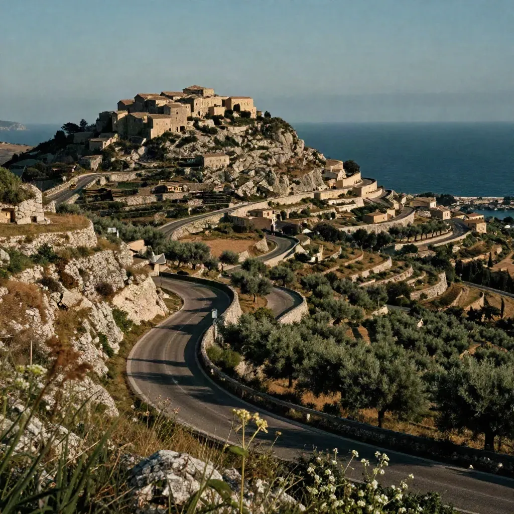 Strada panoramica tra colline chiare, borgo in alto e curva verso il mare al tramonto.