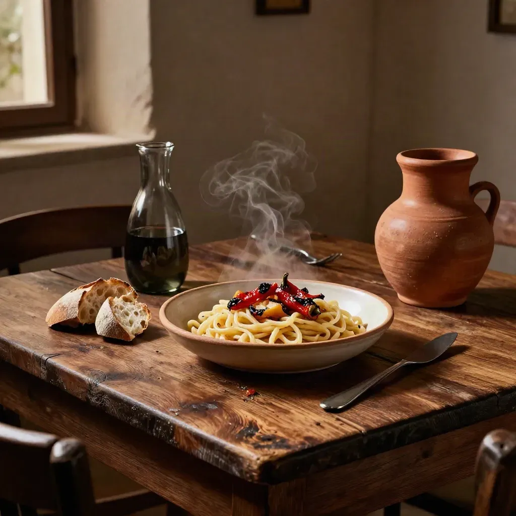 Tavola di trattoria lucana con strascinati fumanti, peperoni cruschi, pane croccante e caraffa scura