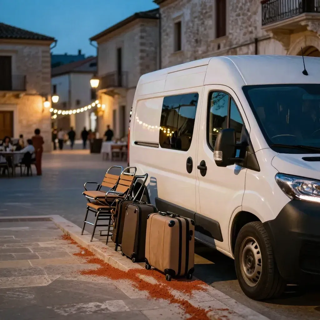 Minivan bianco pronto alla partenza in una piazza lucana al tramonto, con valigie e luci festa.
