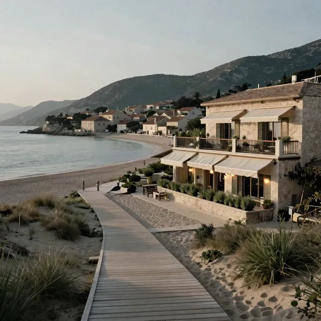 Hotel basso sul mare, passerella chiara alla spiaggia e borgo collinare sopra la baia.