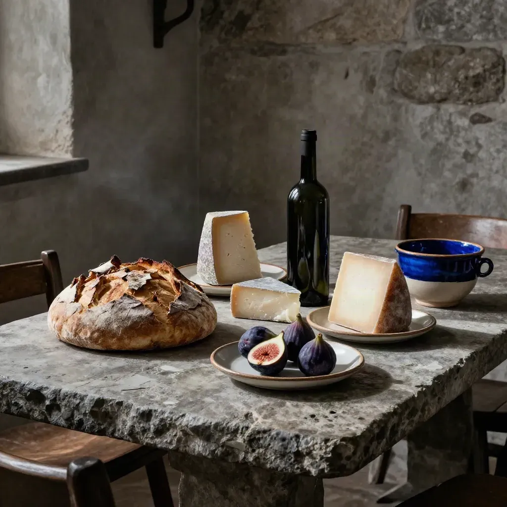 Cantina di paese con pane, formaggi, bottiglia e fichi su tavolo di pietra
