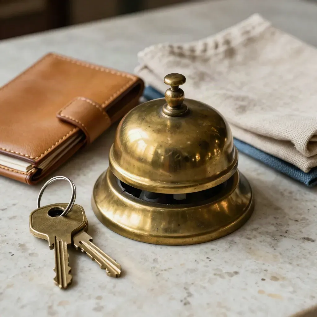 Campanello in ottone, chiavi e porta-card in cuoio con campione di lino su pietra chiara.
