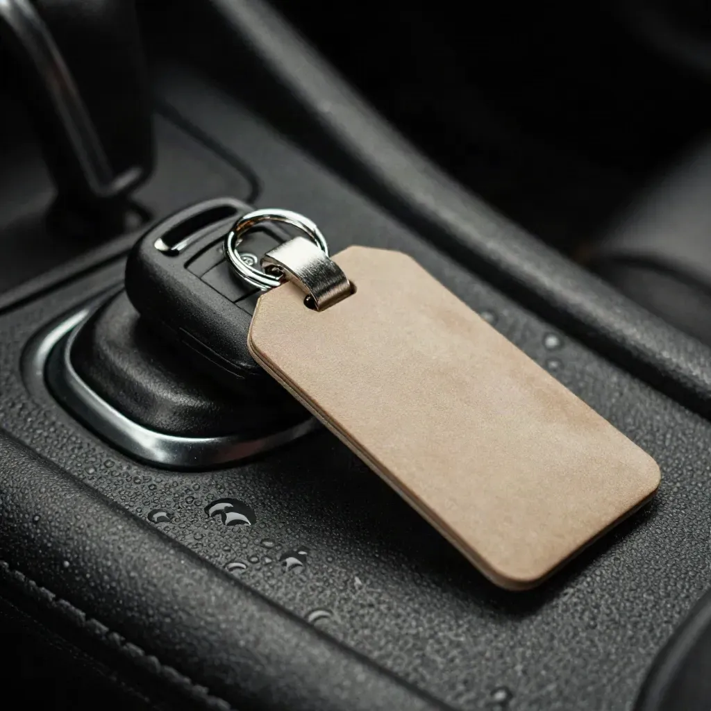 Chiave auto, supporto magnetico e etichetta bagaglio su cruscotto umido in luce notturna.