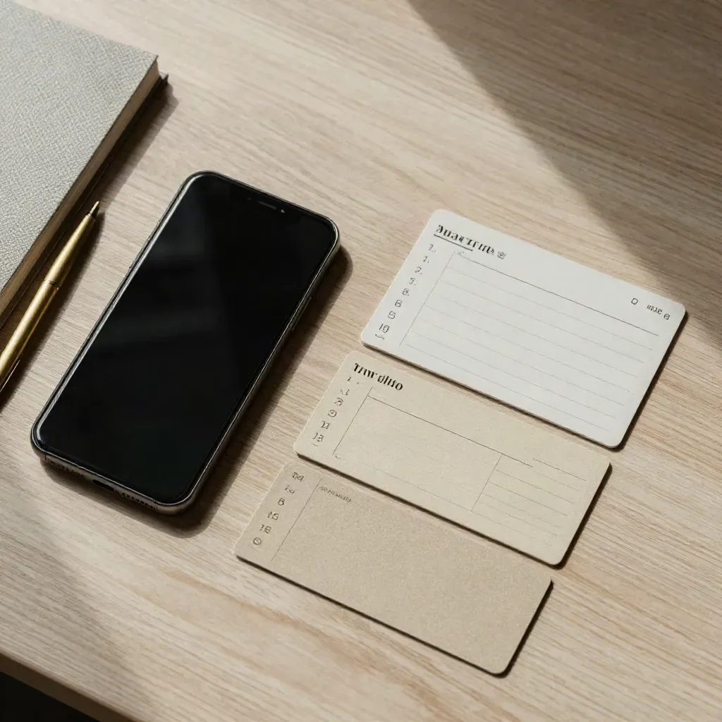 Smartphone spento, taccuino chiuso, penna d’ottone e tre tessere su legno chiaro.