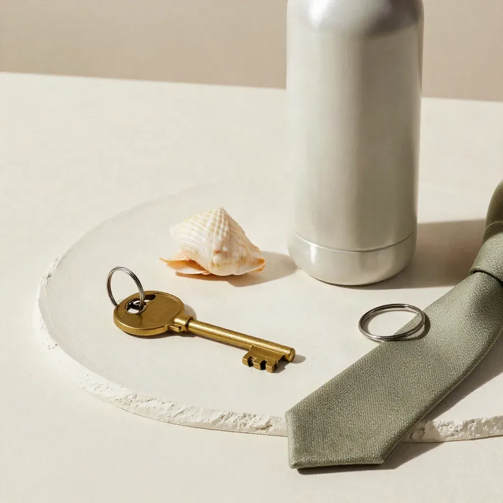 Chiave, conchiglia, borraccia e anello bagaglio su sfondo chiaro, stile minimal ed elegante.