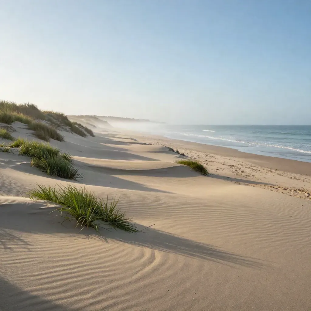 Costa ionica lucana al primo sole, spiaggia vuota, dune e foschia marina