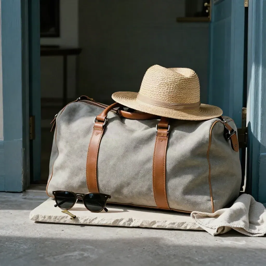 Borsa da viaggio con cappello di paglia, occhiali da sole e chiave in ottone su vassoio in pietra.