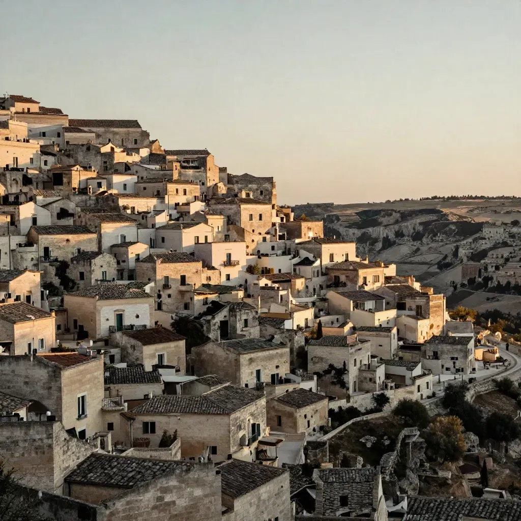 I Sassi di Matera al tramonto su crinale, con valle chiara e foschia calda.