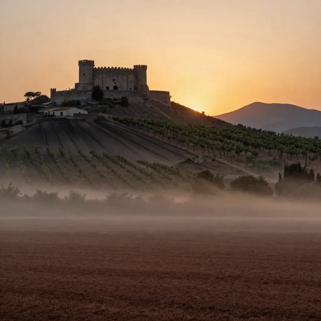Castello di Melfi sul crinale con filari di vigneto e colline vulcaniche al tramonto